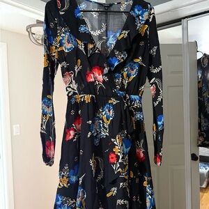 Women’s Express Black Floral Long Sleeve Wrap Dress